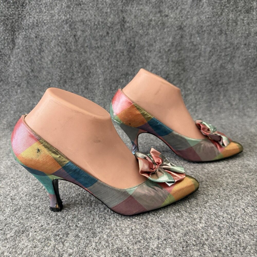 Vintage Stuart Weitzman Rainbow Plaid Pumps Colorful Bow Kitten Heels Size 8.5 N